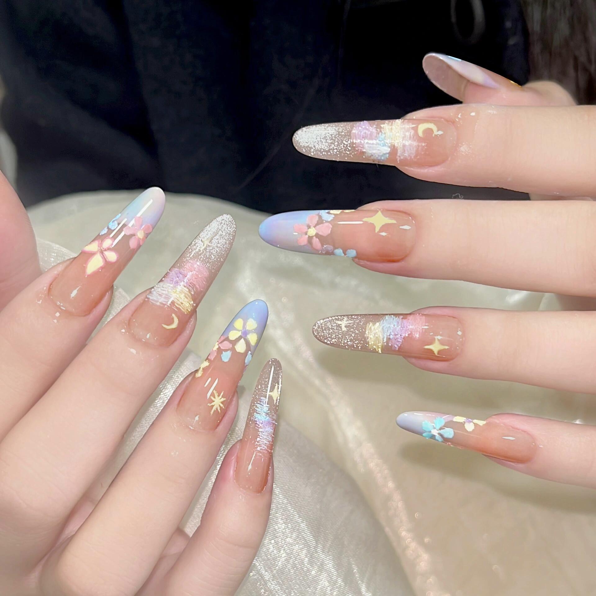 10 cái/túi Hoa Pháp Mô Hình Báo Chí Trên Móng Tay M/S Kích Thước Ngắn Hạnh Nhân Dài Stiletto bọc hoàn toàn Mặc Móng Tay Giả