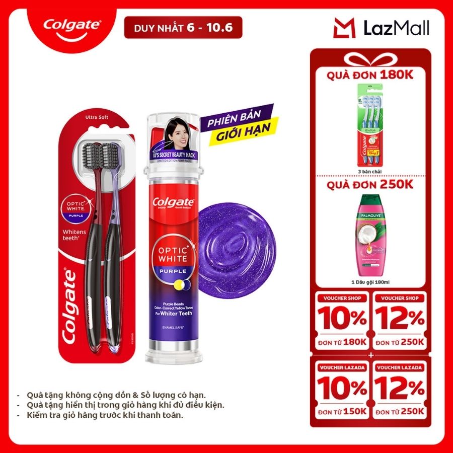 [Chỉ 6-10.6_X2 Voucher giảm 22%] Bộ Kem đánh răng Colgate Optic White Purple Vòi nhấn thông minh 130g và 2 bàn chải trắng răng