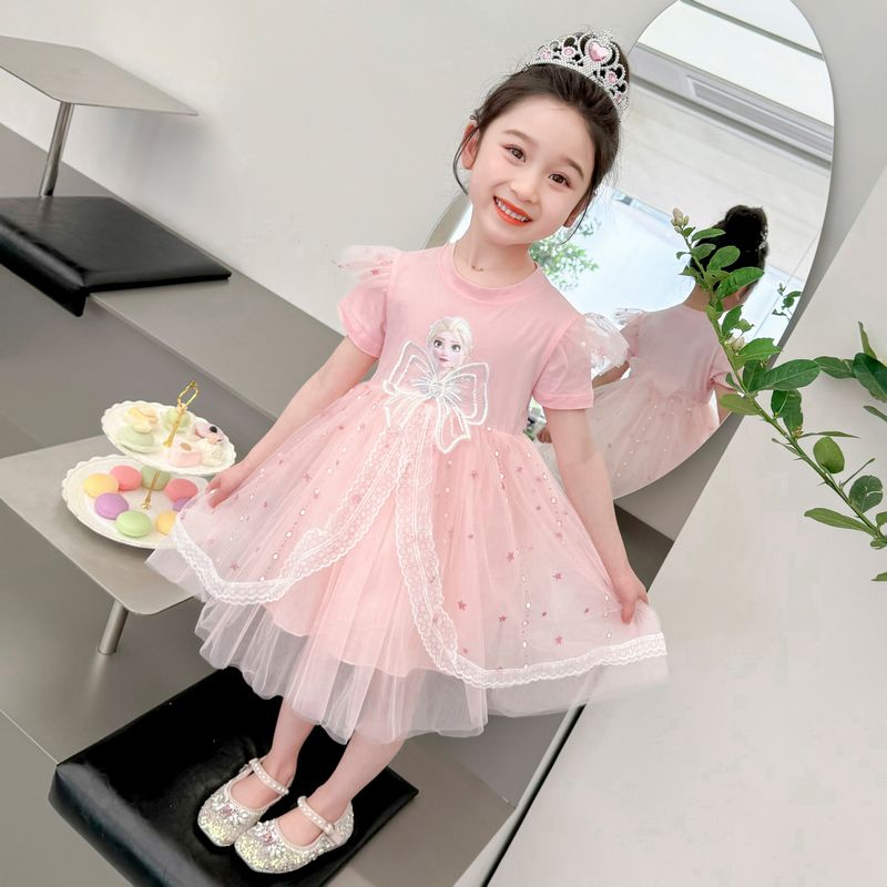 Summer Girls' Mesh Fluffy Elsa Dress Short Sleeved Bow Chiffon Princess Dress Children's Birthday Party Wedding Flower Girl Dress Cool and Breathable - 2