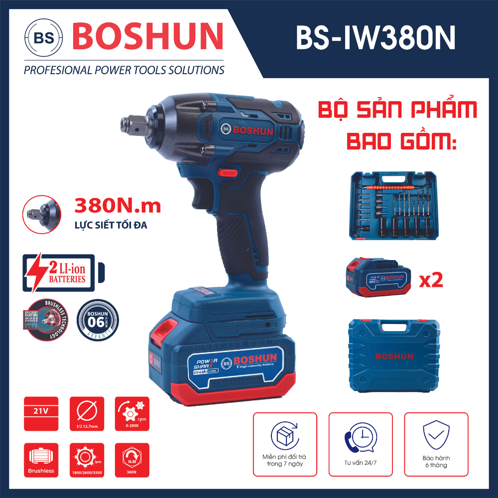 Máy siết bulong BOSHUN 21V đầu 2 trong 1 Lực siết 380Nm bảo hành 12 tháng TẶNG BỘ PHỤ KIỆN 26 CHI TIẾT BS-IW380N
