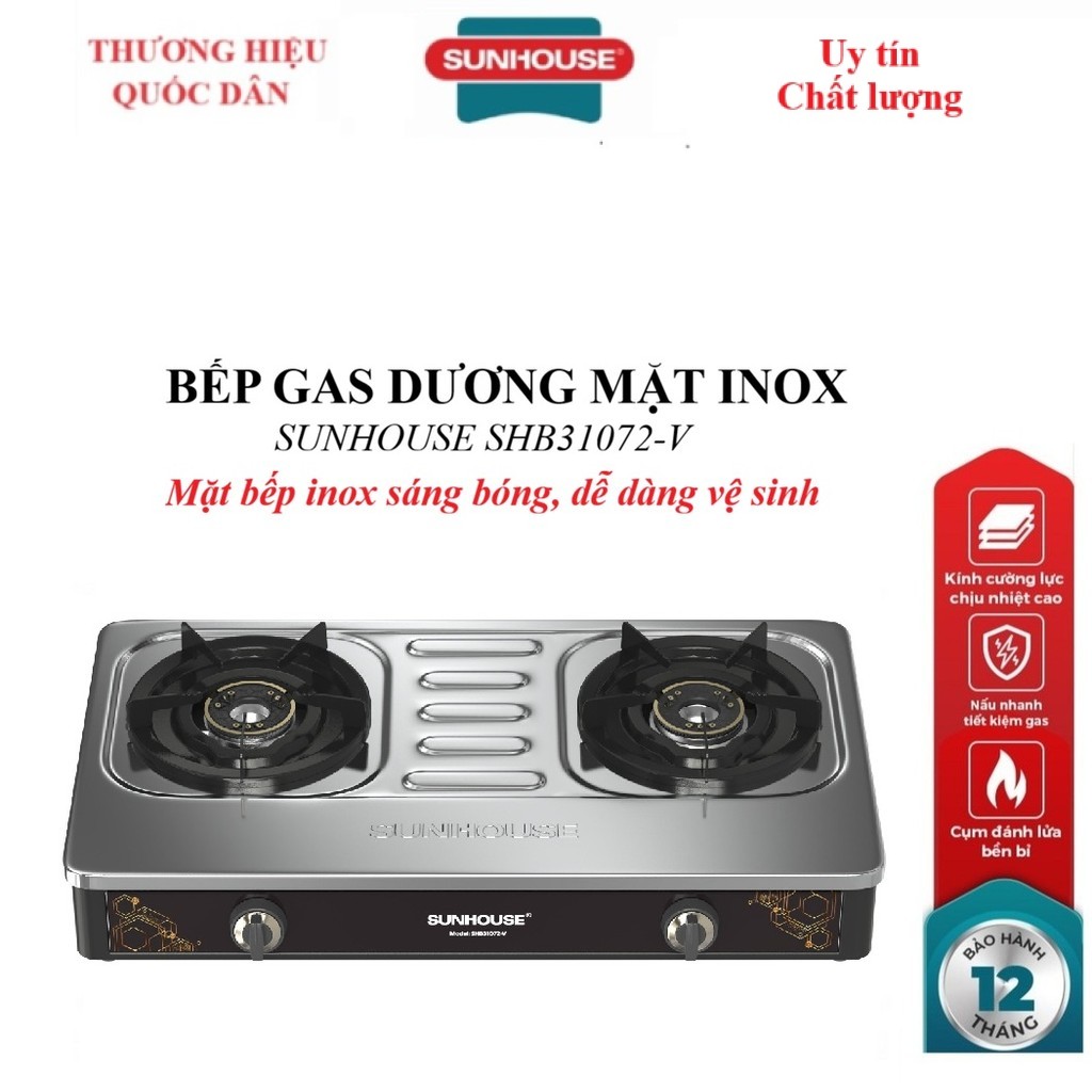 BẾP GAS DƯƠNG MẶT INOX SUNHOUSE SHB31072-V, Mặt bếp inox sáng bóng, Họng thép không gỉ, tiết kiệm gas