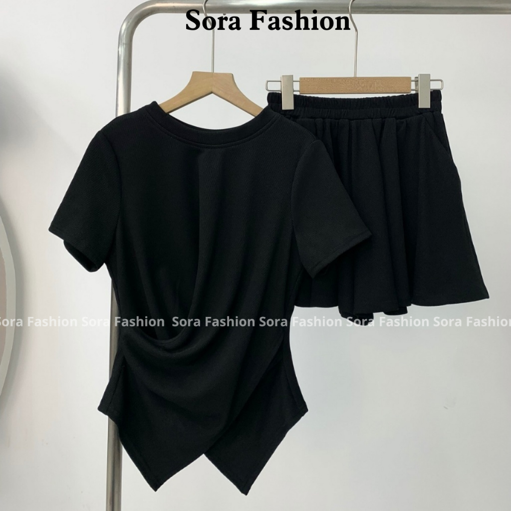 Set Nữ Áo Vạt Chéo Cộc Tay BigSize Sora FashionSet Bộ Áo Kiểu Nữ Kèm Quần Xooc Xòe Chất Liệu Thun Tă