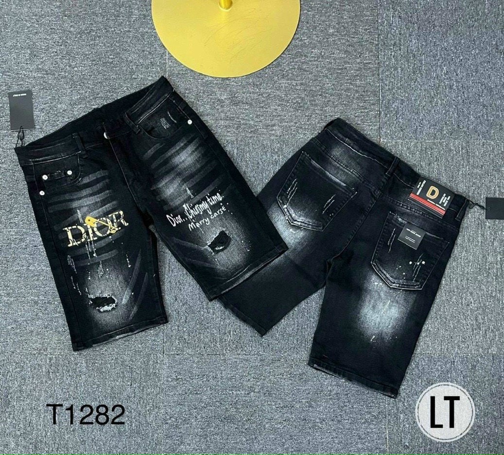 quần short jean nam ngắn đen xám rách nhẹ thêu logo cao cấp chất vải dày
