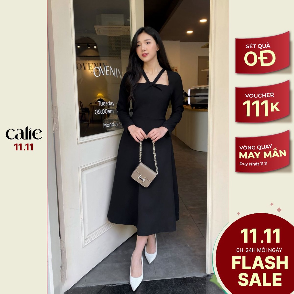 Váy nữ dáng xòe xoắn cổ dài tay calie vx151