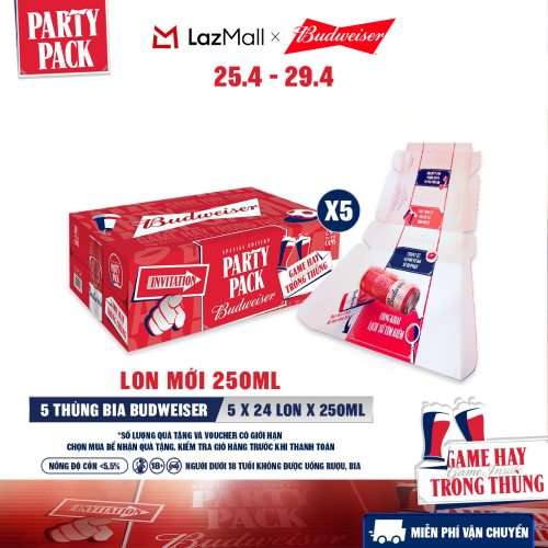 Combo 5 Thùng 24 Lon Bia Budweiser PartyPack Chính Hãng (250ml/lon)