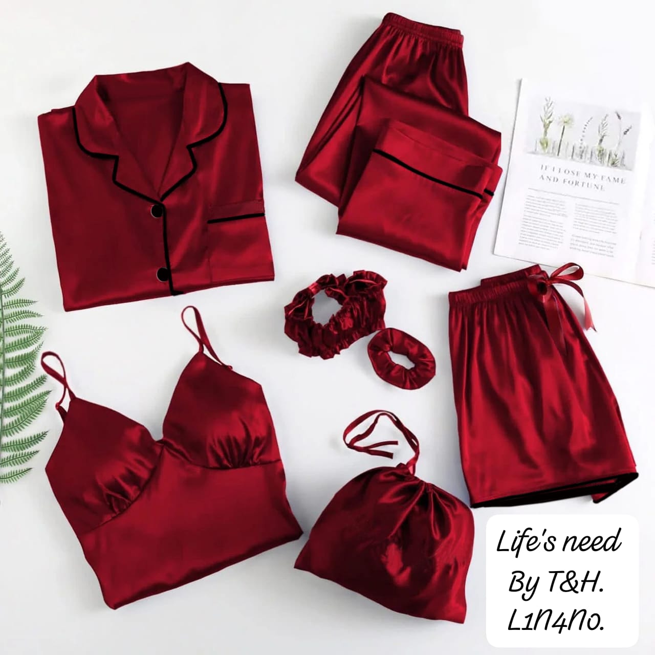 Night Suits For Women And Girls -- 7 Piece Nightwear Set -- Piping Work On Shirt Trouser Short -- Silk Nighty -- Hot Night Dresses For Her -- Women And Girls