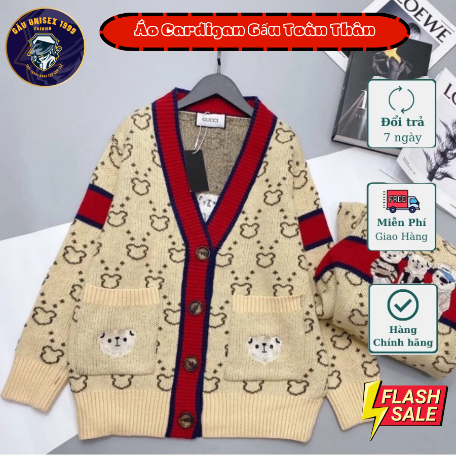 Áo Cardigan Len Pha Nỉ In Gấu Bear Toàn Thân  Chất Nỉ Chất Dày Dặn, Phong Cách Trẻ Trung, Hàn Quốc