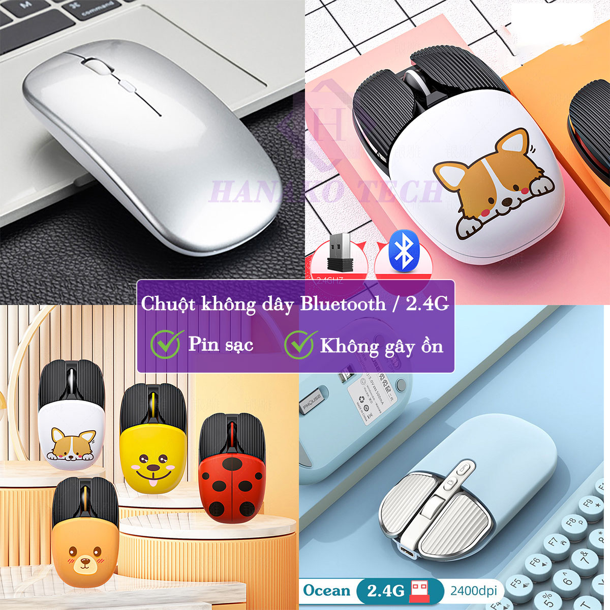 Chuột không dây bluetooth 2.4g sạc pin cute không tiếng ồn dùng cho máy tính