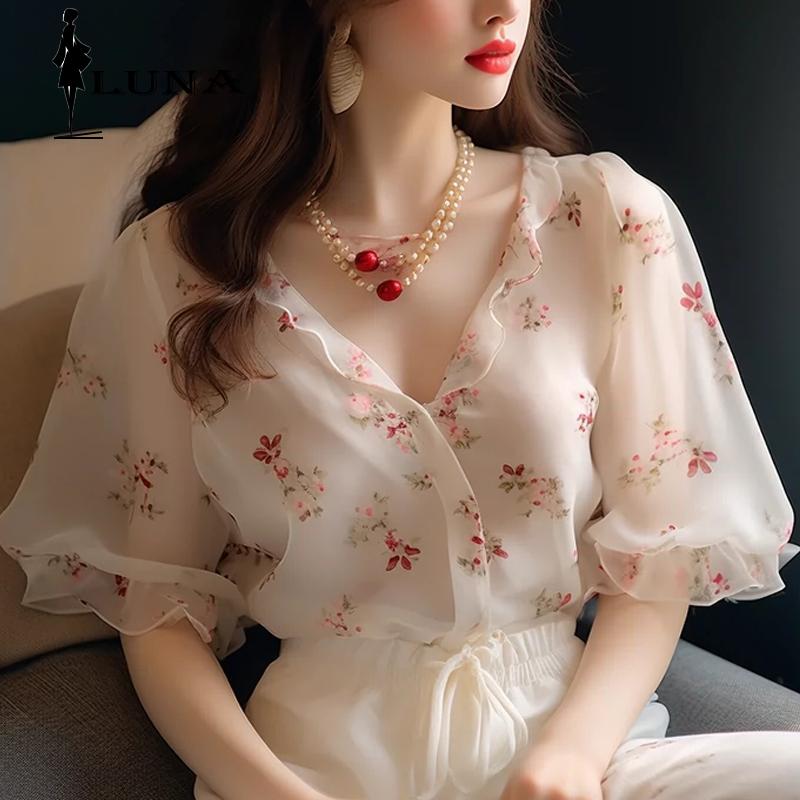  LUNAáo girl phố nữ Nữ mùa hè kiểu Pháp cung đình phong cách hoa v cổ ngắn tay áo sơ mi nhẹ nhàng lộ vẻ gầy gò dép nữ xinh áo nữ váy nữ đẹp đi chơi áo kiểu rẻ vô đố 