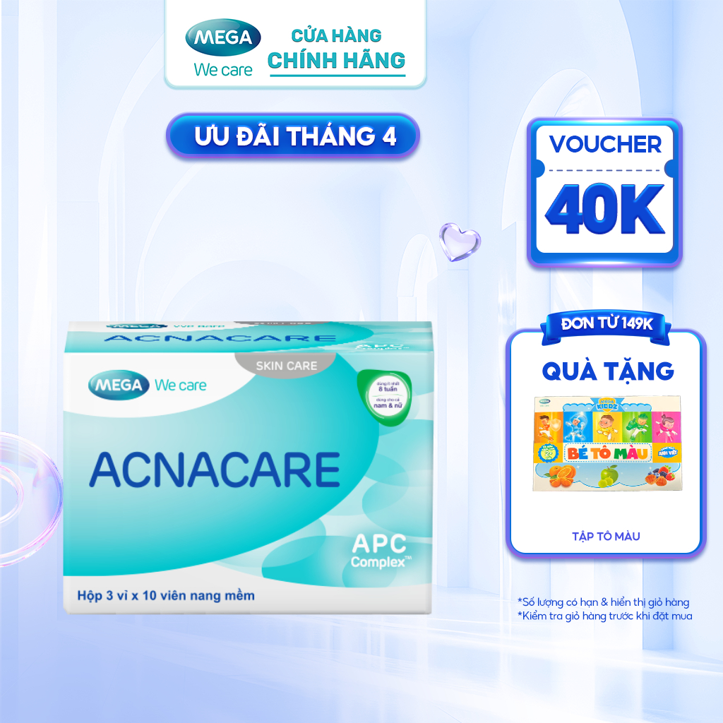 Viên uống giảm mụn, giảm nhờn - Kẽm, Crôm, D.Salina, Vitamin C, Vitamin E - ACNACARE Mega We Care (30 viên)