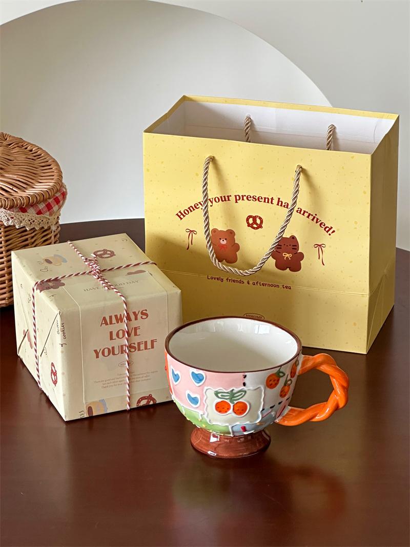 Valentine's Day souvenir: Spring fresh and niche hand-painted relief breakfast cup, high footed ceramic oat coffee cup Cups, Mugs & Saucers ราคา 468 บาท*ส่งฟรี