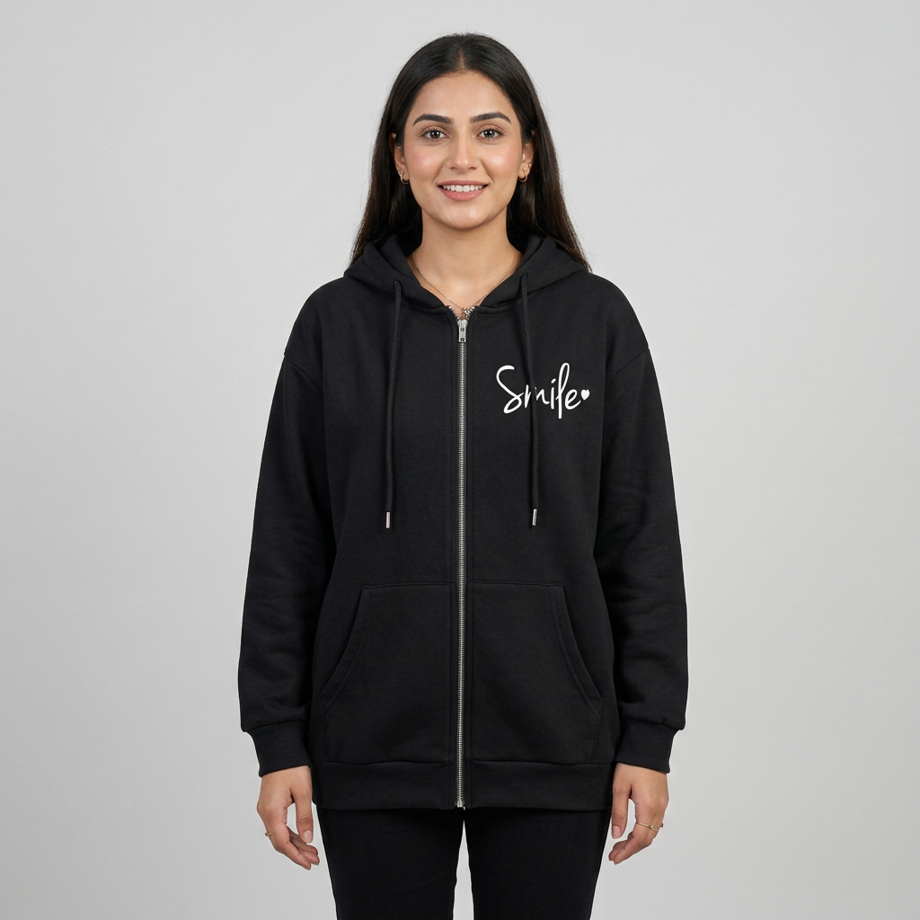 Black Zipper Smile Printed Hoodies For Girls & Women - Comfy & Cozy Hoodies For Girls
