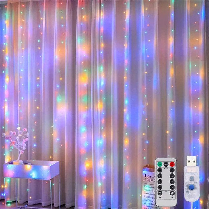 【Ship in 24h】300LED Curtain String Lights 8 Modes Fairy Light Garland Festival Christmas Decoration