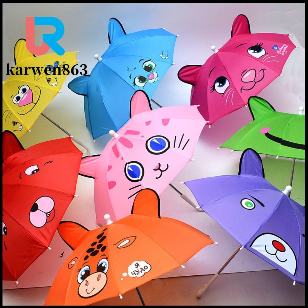KARWEN863 Phim hoạt hình Ô dù trẻ em Mô hình tai 3D Có tay cầm dài Áo mưa cho búp bê Dễ thương Mẫu sáng tạo Ô mini Trẻ sơ sinh từ 1-3 tuổi