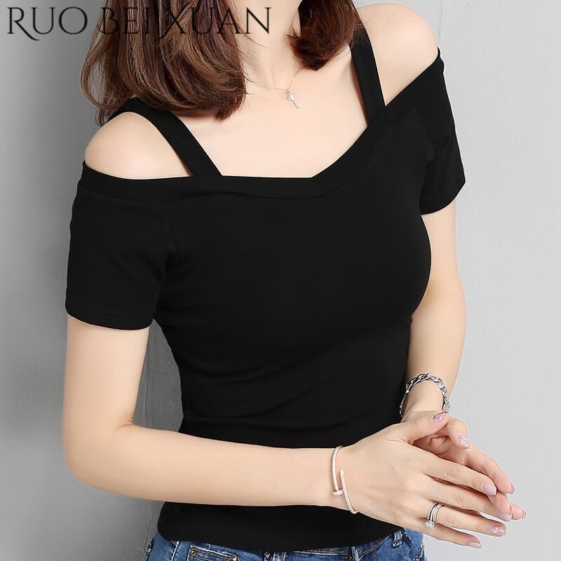 Ruo Bei Xuan 2024 summer new Korean version of off-the-shoulder halter short sleeve T-shirt female line neck off-the-shoulder sexy slim student top ราคา 70 บาท*ส่งฟรี