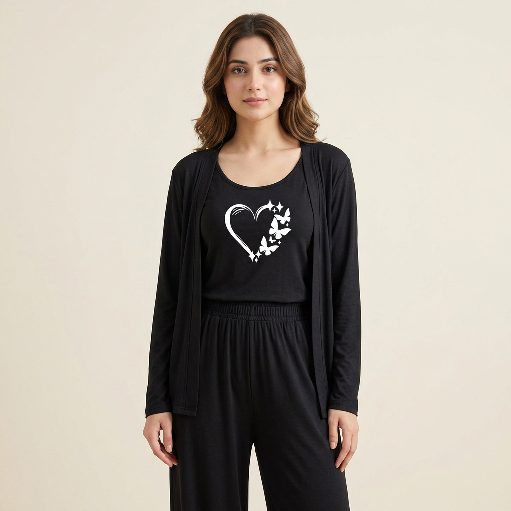 MK Garments - Butterfly Heart Printed 3Pcs Pajama Suit Women Modal Long-Sleeved Vest For Leisure Home Wear Female Sleepwear