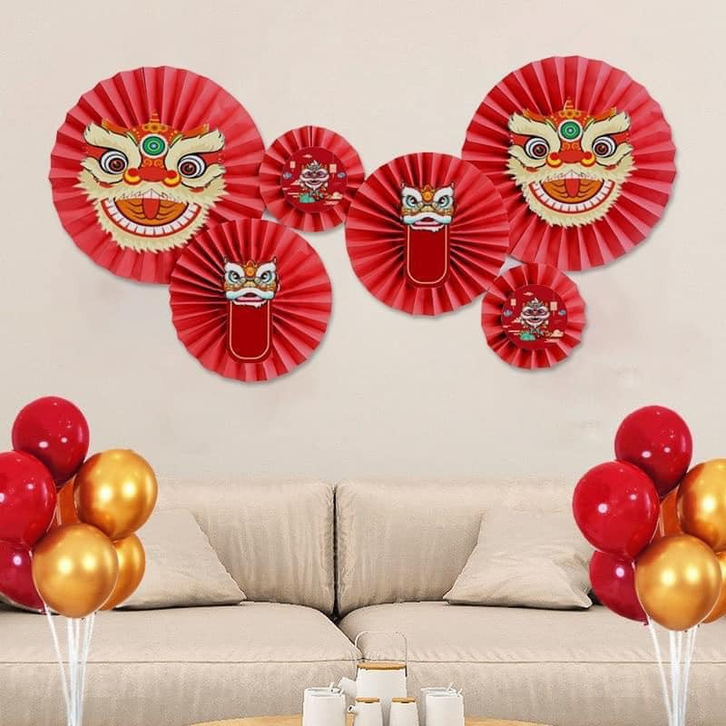 Set 6 quạt giấy đỏ đầu lân treo tết