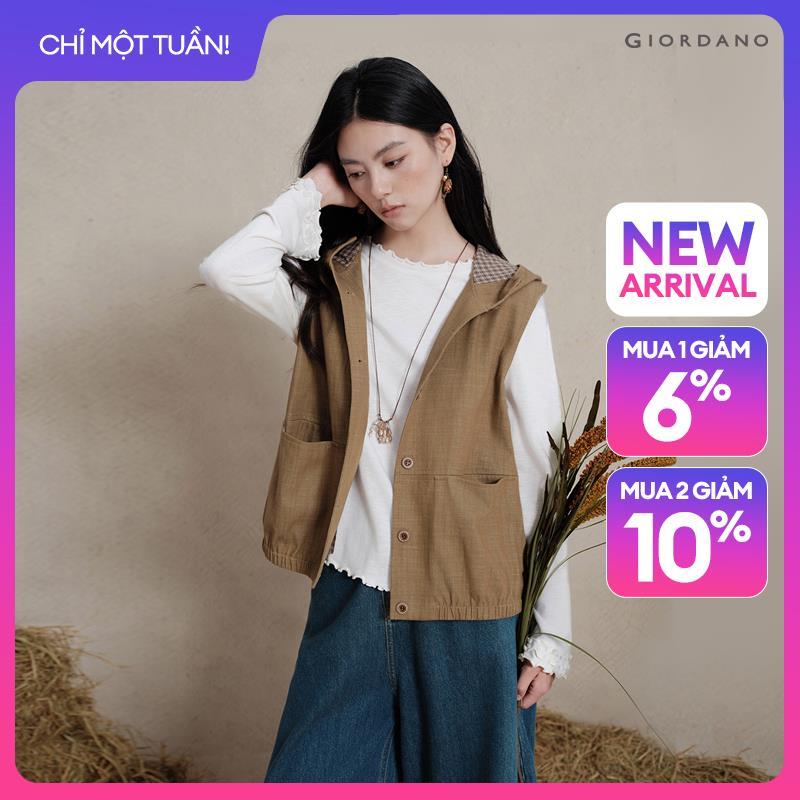 GIORDANO Women Vests Textured Plaid Paneled Hooded Vests Button Closure Fashionable Casual Loose Vests 18376506
