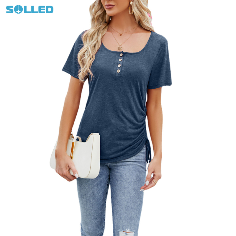 Women's U Neck Shirts Summer Solid Color Loose Short Sleeve Tops Casual Drawstring Button Down T-Shirts