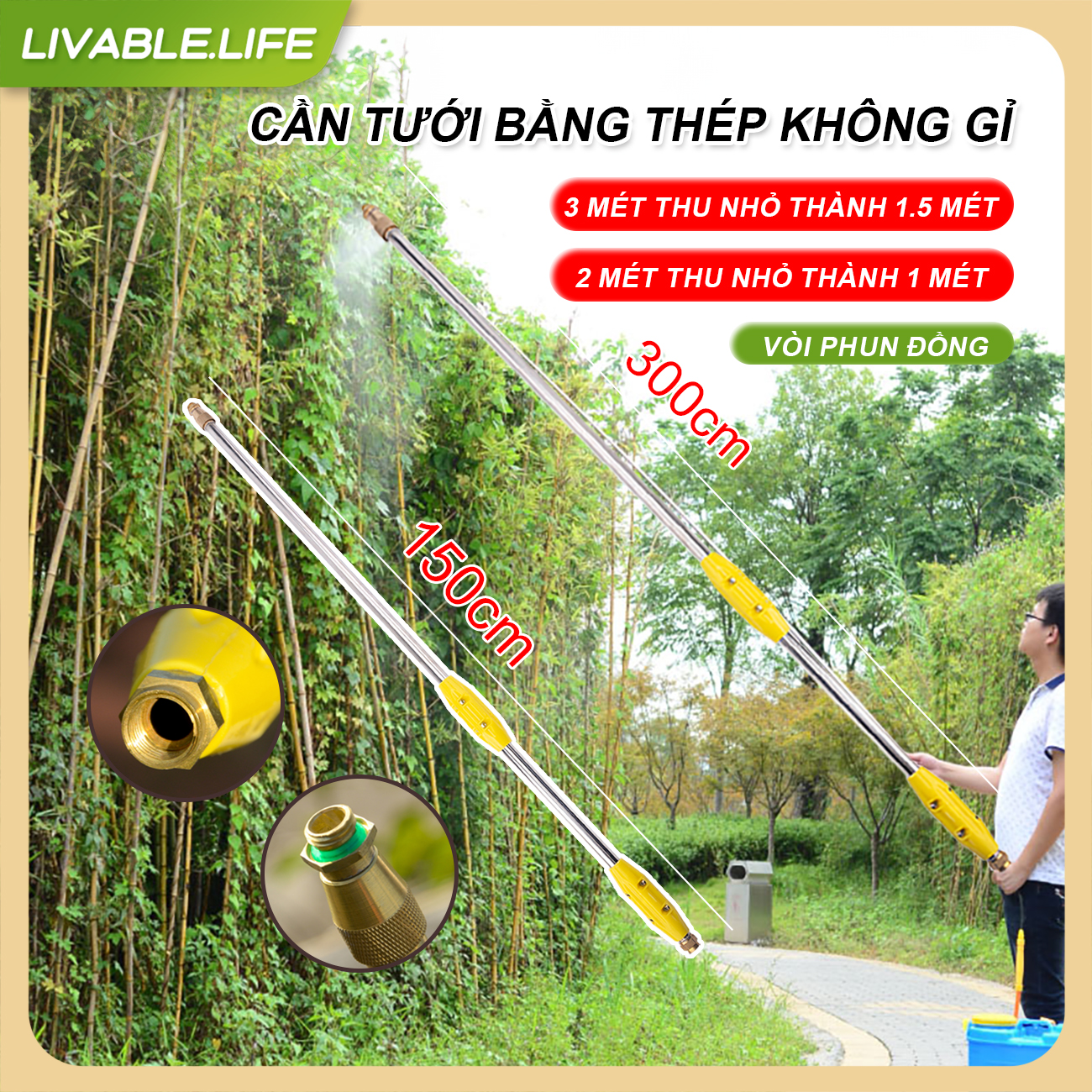 Cần Rút Tưới Hoa Inox Cần phun tưới dài 2m/3m Cần phun xịt inox rút dùng cho bình phun xịt thuốc nối đồng thau