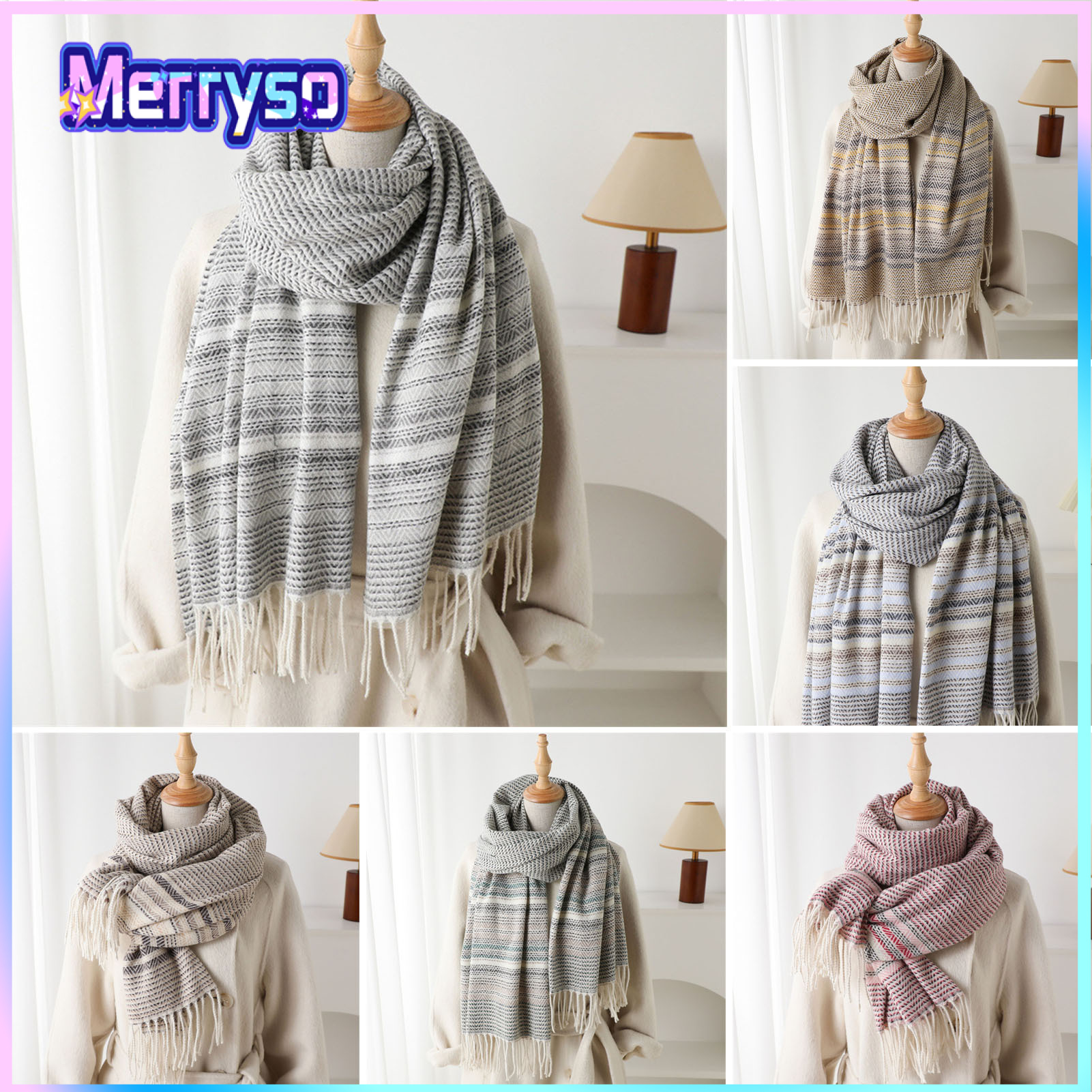 Women Scarf Striped Print Long Scarf Shawl with Tassel Trim Versatile Design Comfortable Shawl Wrap Fashion Accessories ราคา 289 บาท*ส่งฟรี