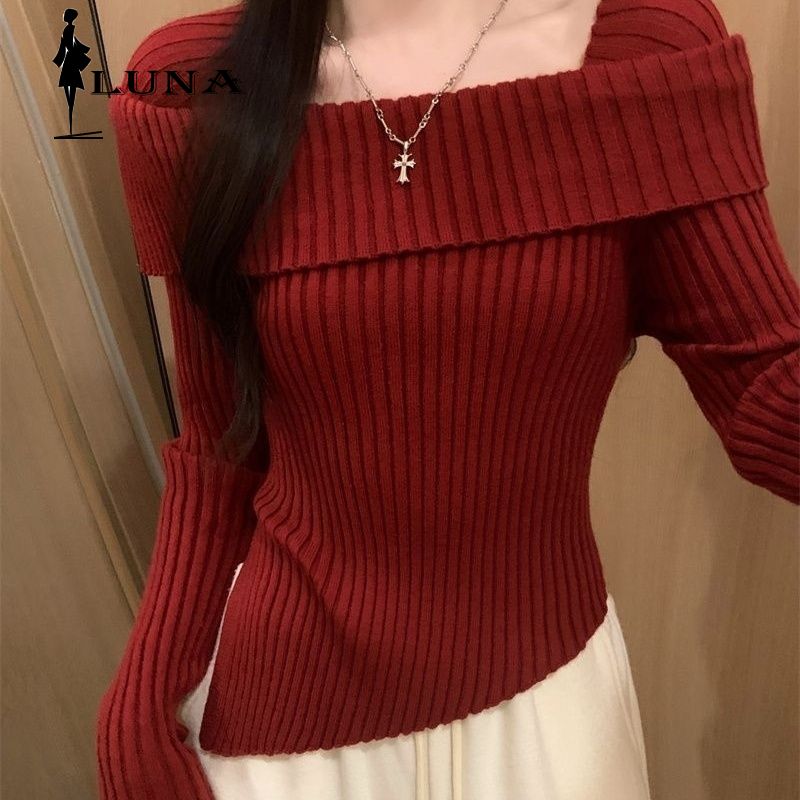  LUNAáo girl phố nữ Giáng sinh màu đỏ không đều một chữ áo len mùa thu đông mới vừa vặn đan lót dài tay áo cao cấp áo len váy nữ đẹp đi chơi  dép nữ kiểu mới  dép nữ xinh đồ ngủ đồ ngủ 