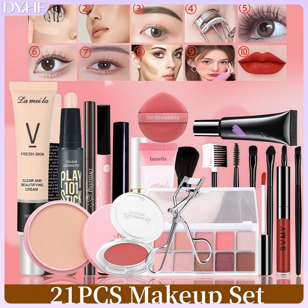 Dyhf Pre-Makeup Cream 21-Piece Makeup Set + Bb Cream + Eyebrow Pencil + Eyeliner + Contour Stick + Powder Puff + Mascara + Concealer + Blush + Highlighter + Lipstick + Pressed Foundation + Eyeshadow + Eyelash Curler + 7-Piece Kuas Makeup Set