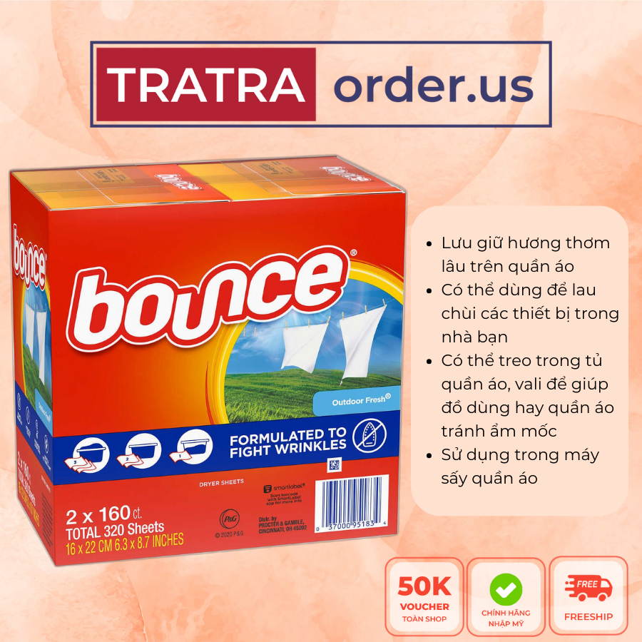 Giấy thơm quần áo Bounce Mỹ Hộp 160 tờ, làm mềm vải, chống ẩm mốc