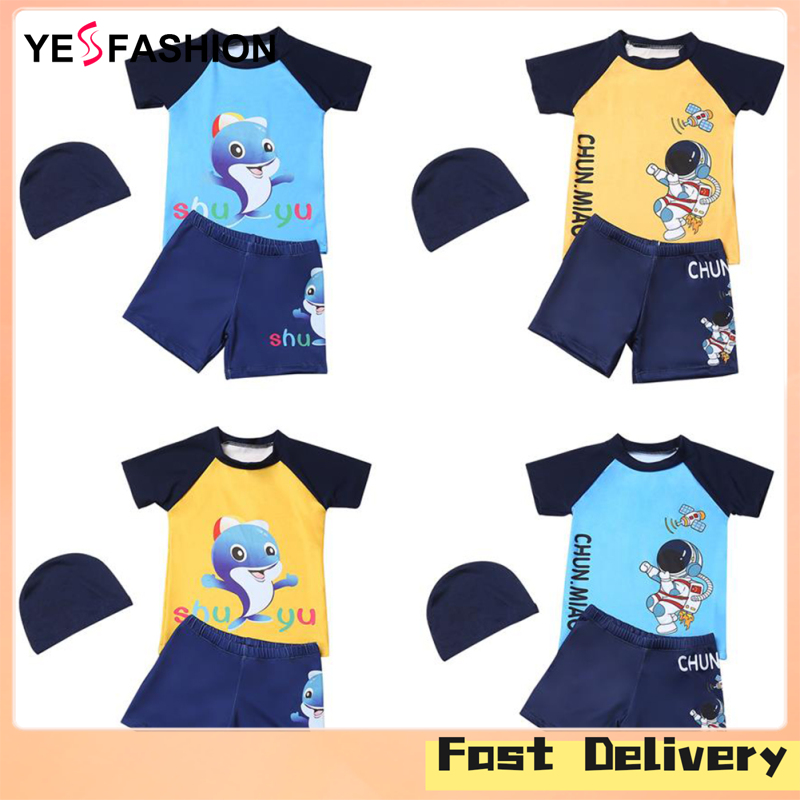 Yesfashion Store IN stock3pcs Children Boys Split Swimsuit Cartoon Printed Short-sleeved Top + Shorts + Swimming Cap Beach Sunscreen Vacation Swimwear ราคา 149 บาท*ส่งฟรี