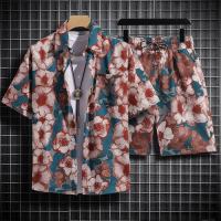 HAIBINZOULU Unisex Beach Shirt+Shorts Mens Retro Bohemian Ethnic Print Short Sleeved Half Button Flower Polo Shirt Hawaii Summer Beach Shirt