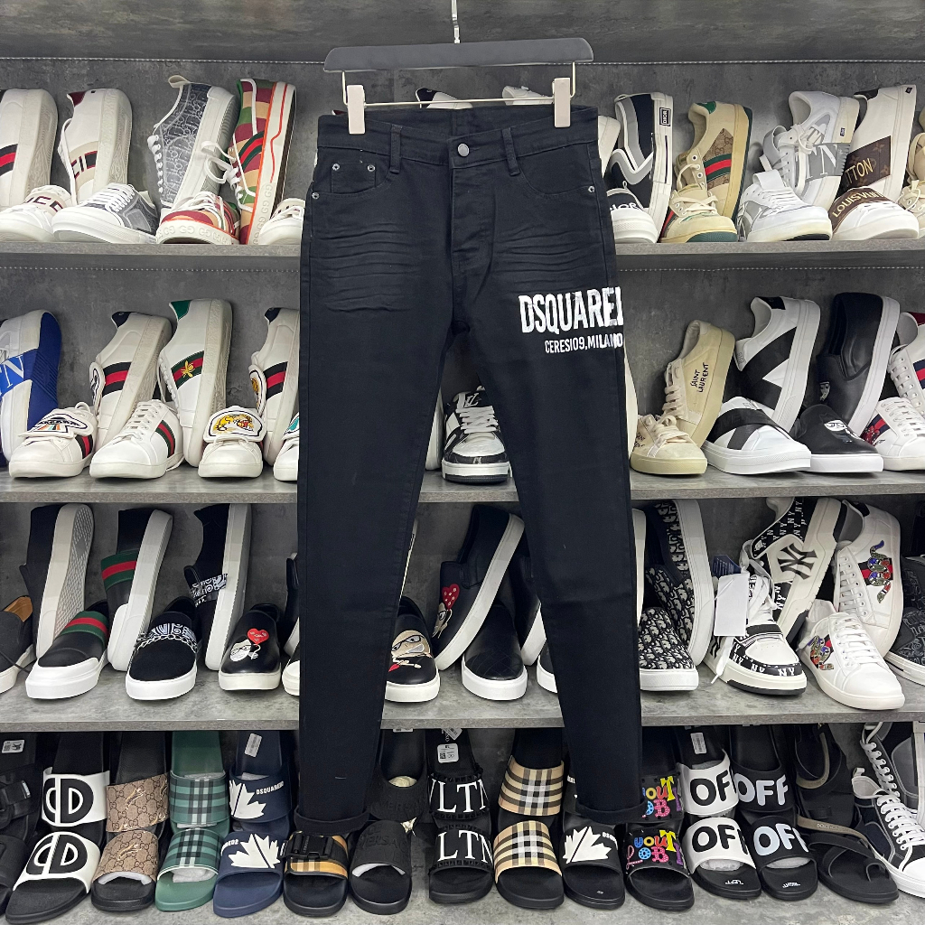 Quần jean bò nam Dsq2 slimfit đen trơn in sơn chữ Dsquared2 ngang đùi 4 cúc cài boy phố basic Xưởng May Thanh Nga MQU 030