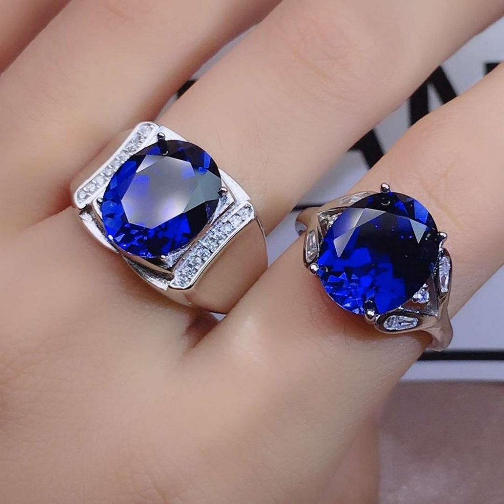 Phụ Nữ Người Đàn Ông S925 titan bạc thép xanh dương Zircon kim cương pha lê Nhẫn cưới trang sức nhẫn đôi