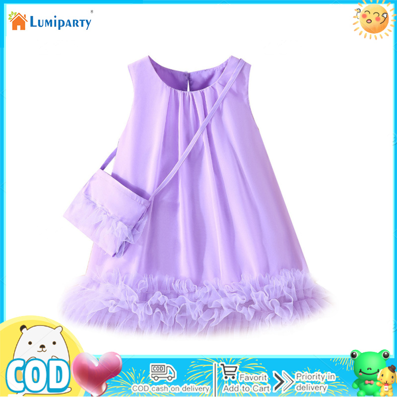Toddler Girls Casual Dress Round Neck Sleeveless Layered Sheer Tutu Skirt With Bag Summer Casual Dress ราคา 218 บาท*ส่งฟรี