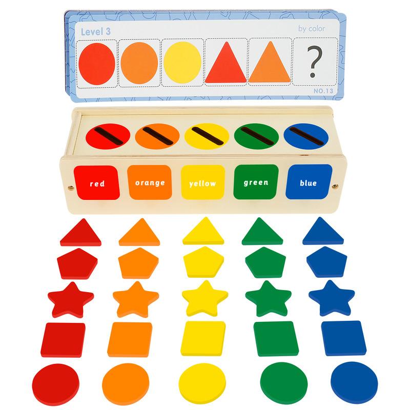 Montessori Toys Wooden Shape Sorting Box with 25 Geometric Blocks Early
