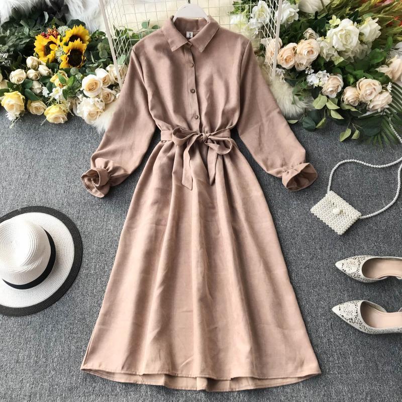 Mùa Thu Phiên Bản Hàn Quốc Trẻ Trung Tươi Tắn Phong Cách Retro Một Màu Khí Chất Cổ Áo Dài Tay Khuy Một Hàng Bó Eo Buộc Dây Từ Một Chiếc Đầm Nữ