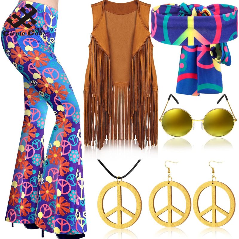 Women Hippie Costume Accessories 70s Costume Outfit Kit Fringe Vest Flared Pants Headscarf Sunglasses Earrings Necklace - ยี่ห้อ Circle Cool ราคา 517 บาท*ส่งฟรี