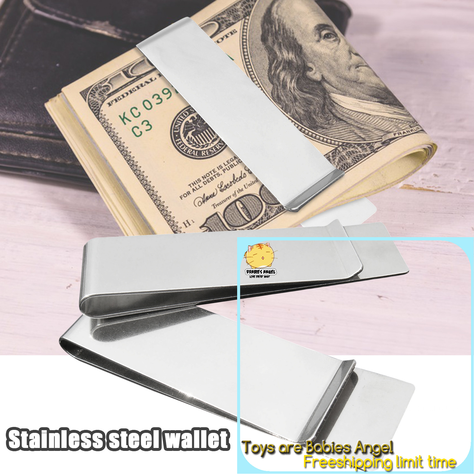 BBabies Stainless Steel Metal Money Clip Ultra-light Slim Metal Silver Money Clip for Keep Their Cash Secure Angel-MY