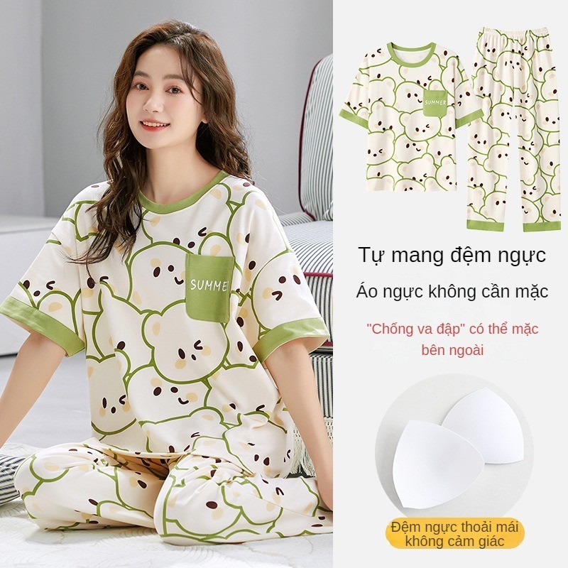Bộ đồ ngủ nữ mùa hè Quần áo mặc ở nhà hoạt hình Giả cotton thoải mái Có đệm ngực