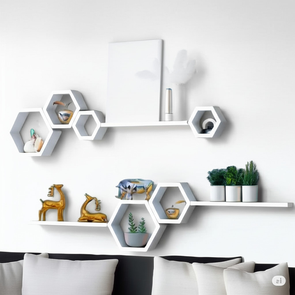 Rak hexagonal dinding hexagonal 1 set ambalan hiasan dinding aesthetic rak hexagonal estetik kayu paja…