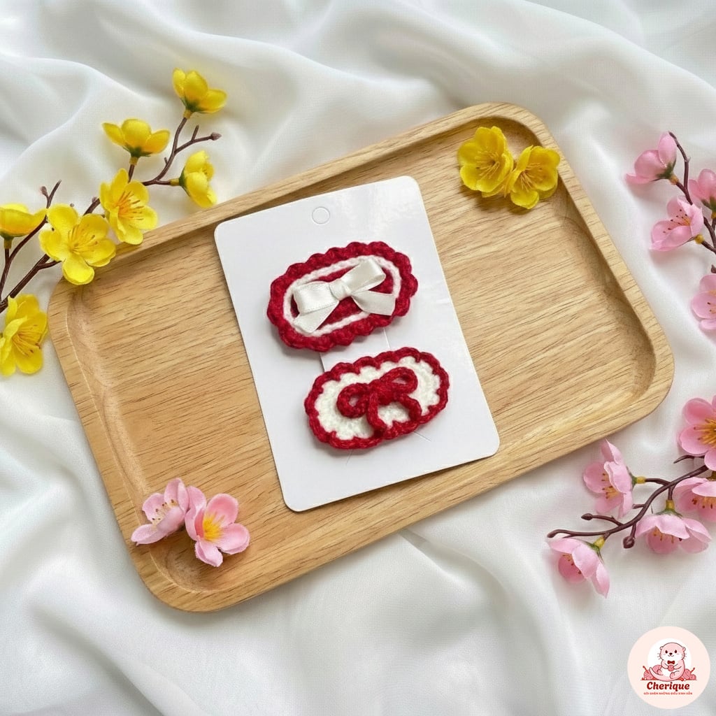 Kẹp tóc nơ lụa trắng đỏ handmade