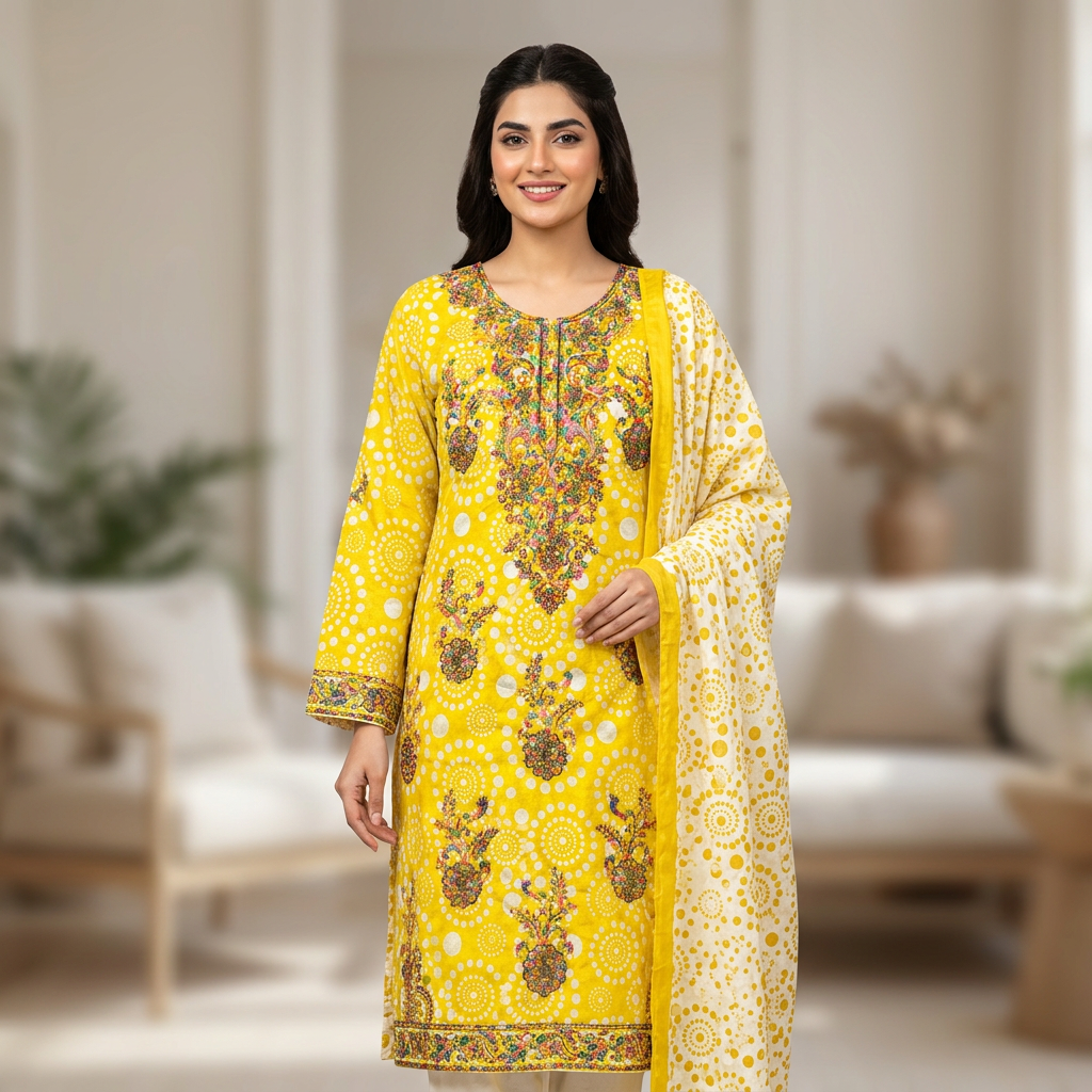 2 Piece Unstitched Embroidered Cotton Dress for Women Summer Collection Soft Printed Suit 6 Colours Available