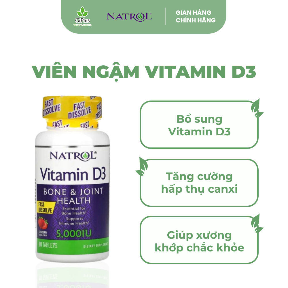Viên ngậm tan nhanh natrol vitamin d3 tăng cường đề kháng, hỗ trợ xương khớp bone & joint health 5000 iu