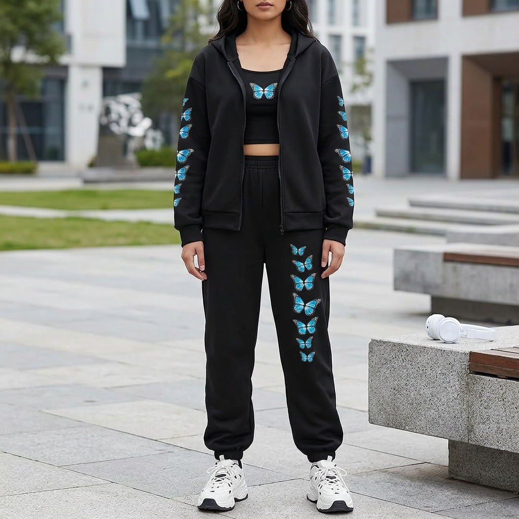 MI'TESORO Women's 3-Piece Butterfly Print Tracksuit – Crop Top, Zipper Hoodie & Sweatpants Set