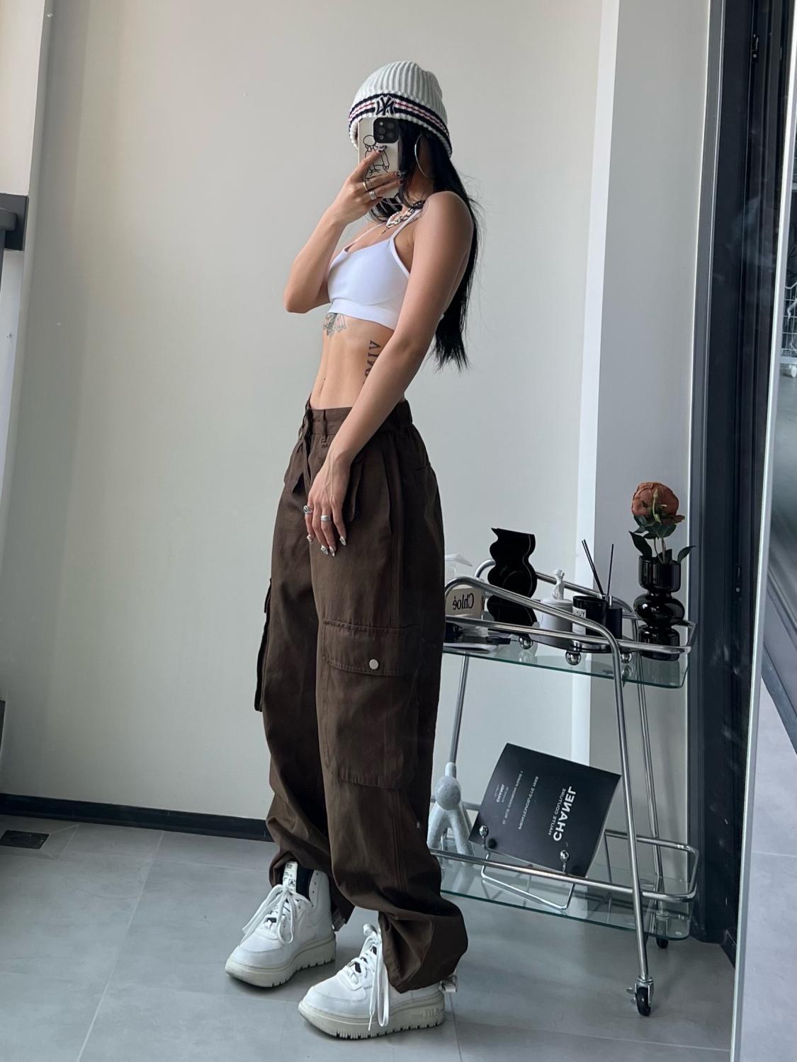 Deeptown Y2k Vintage Cargo Pants Women Gyaru Brown Korean