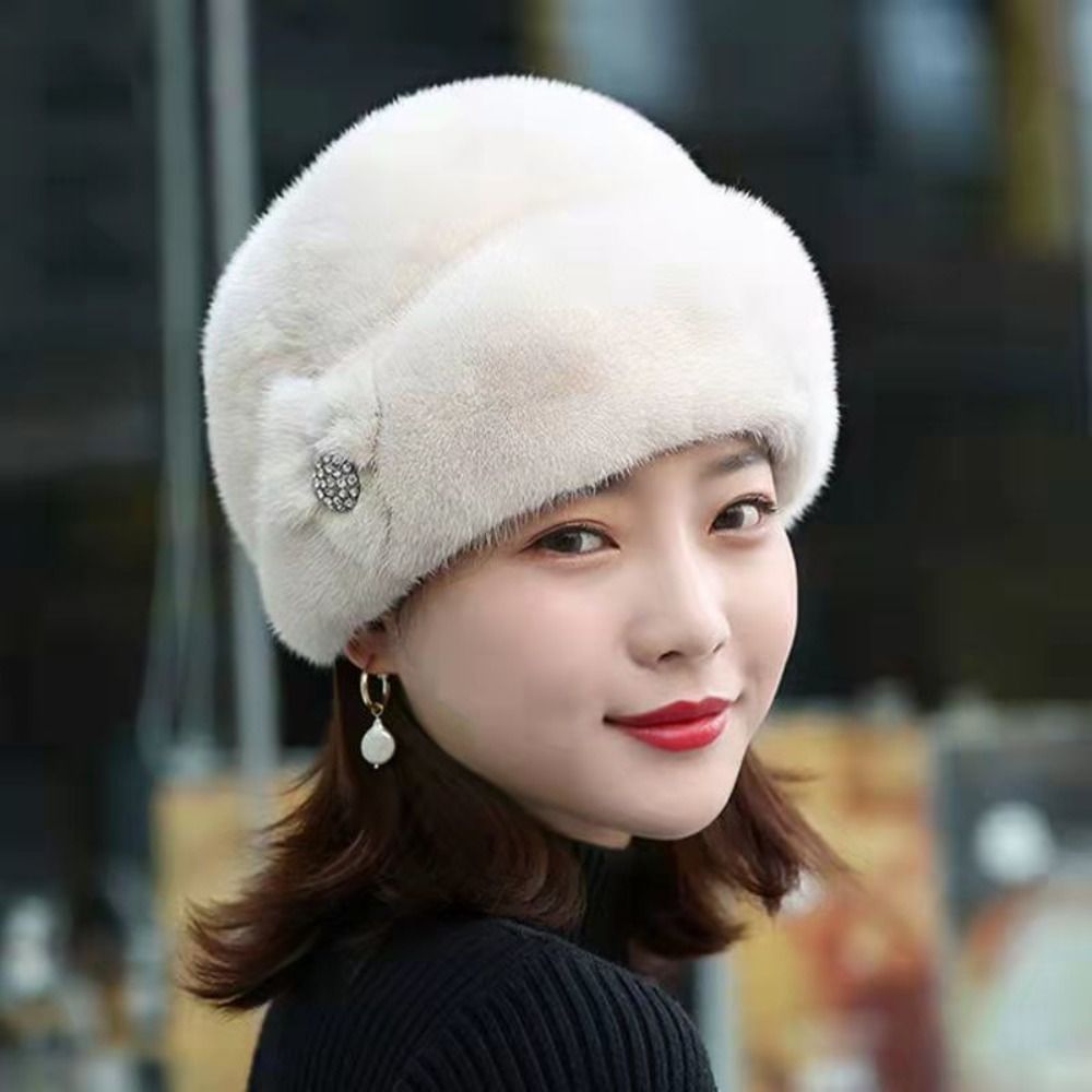 B0868 lông thỏ giả Mũ mùa đông trang trí hoa giữ ấm Mũ Trung Niên Màu trơn dày mũ xô phụ nữ