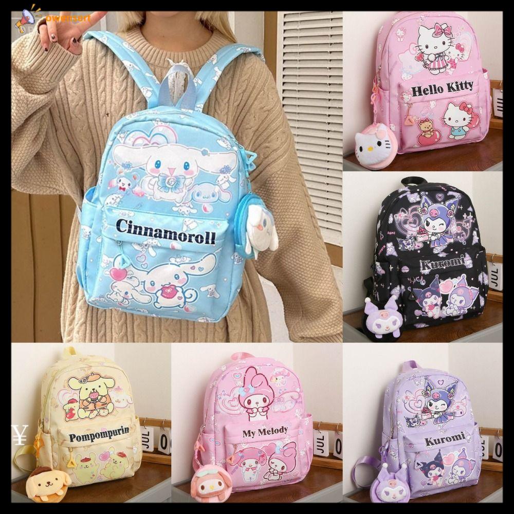 OWENSERT Hoạt hình Ba lô Sanrio Hello Kitty Cinnamoroll Cặp sách Dễ thương Với ví tiền xu Cặp sách t