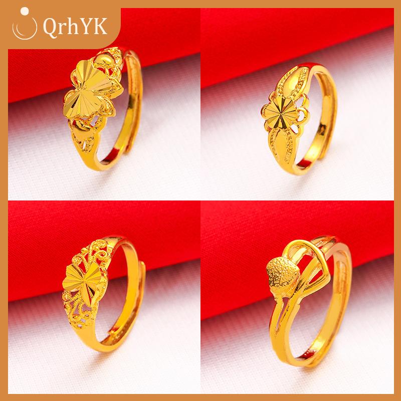 QrhYK Mạ Vàng May Mắn Vòng Mở Có Thể Điều Chỉnh Thời Trang Đơn Giản Chuyển Vòng Cho Phụ Nữ Tất Cả Các Trận Đấu Ngón Tay Sang Trọng Phụ Kiện
