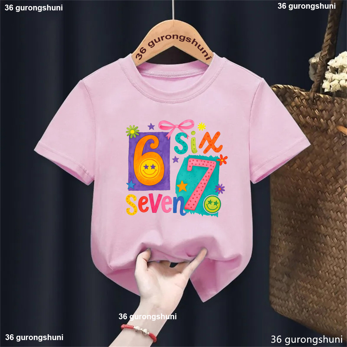 Colorful Six Seven 67 Flowers Bow Star Printed T Shirt Girls Kawaii Kids Clothes Summer Short Sleeve T-Shirt Solid Tshirt Tops - 1