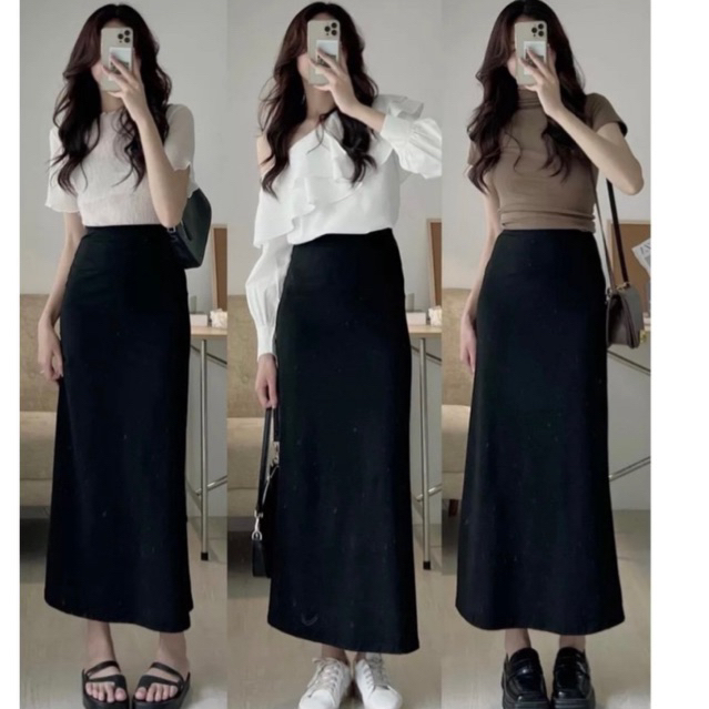 Chân váy công sở dáng dài dáng váy chữ A không xẻ che mọi khuyết điểm Lưng cao Tôn Dáng phong cách Hàn Quốc vải Umi Hàn