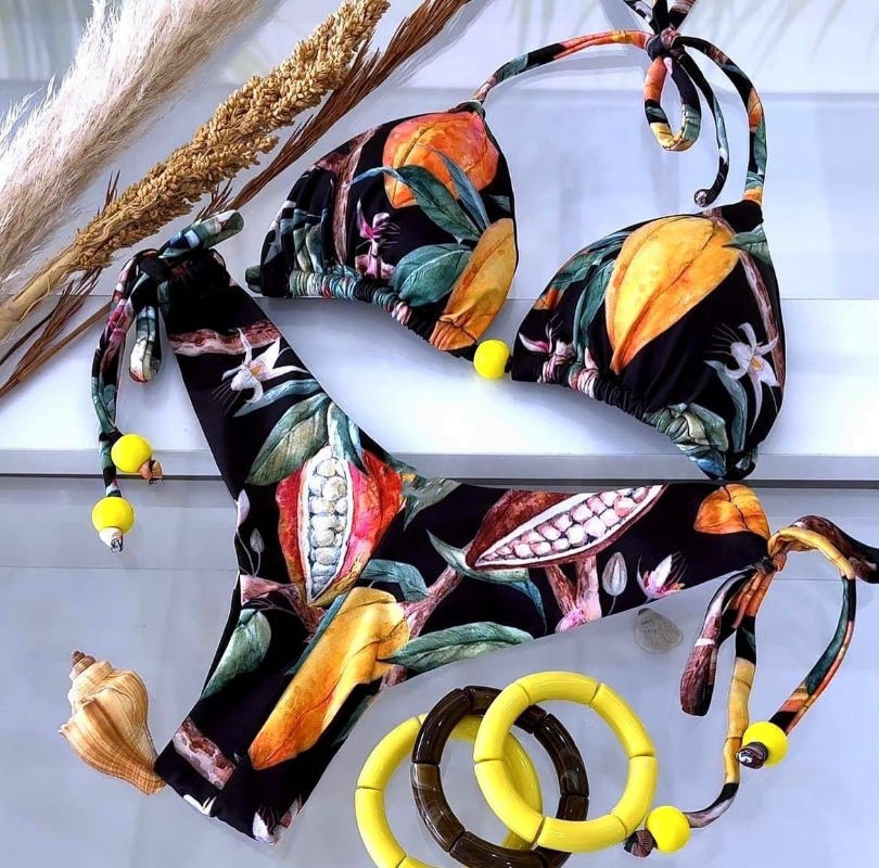 New European and American Bikini Digital Print Sexy Lace up Neck Hanging Triangle Split Swimsuit for Women
